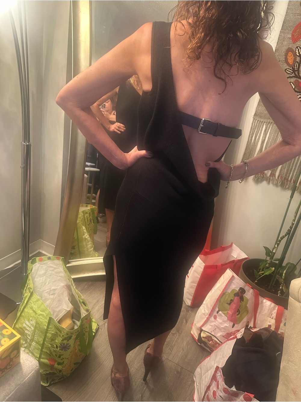 MONSE Black Asymmetric Backless Knit Dress with Buckle Strap